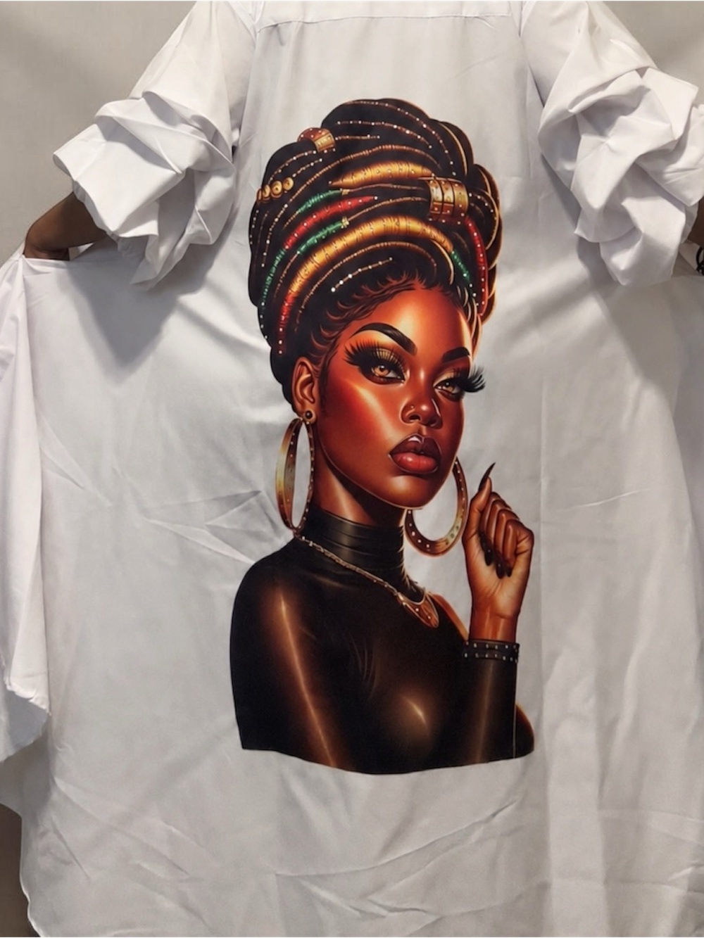 White High-Low Women’s Dress with Afrocentric Portrait Print